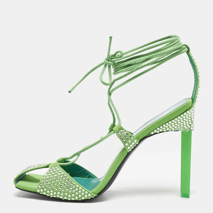 The Attico Neon Green Fabric and Suede Crystal Embellished Adele Sandals Size 40