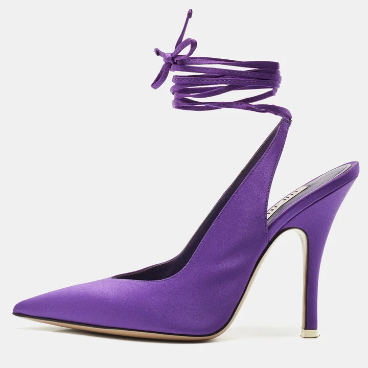The Attico Purple Satin Venus Pointed Toe Ankle Wrap Pumps Size 38.5