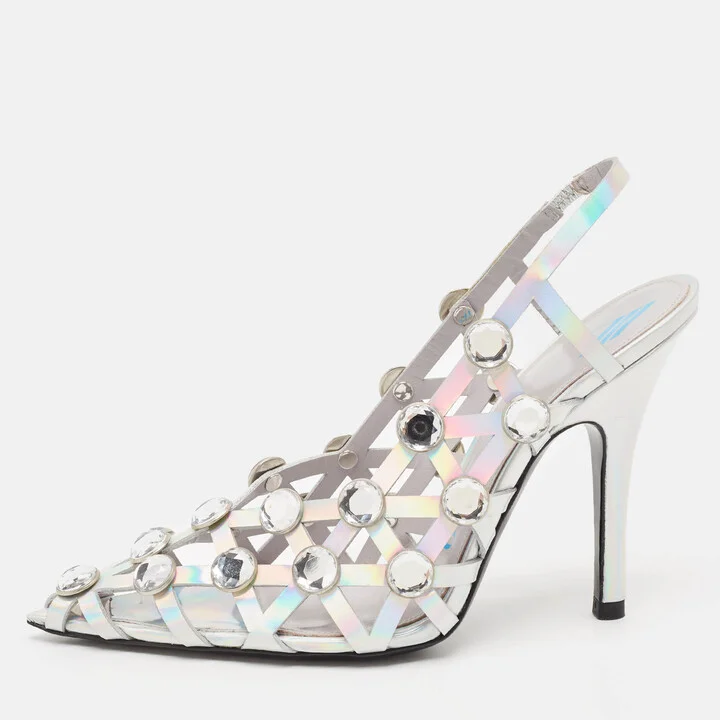 The Attico Silver Iridescent Leather Grid Slingback Pumps Size 37