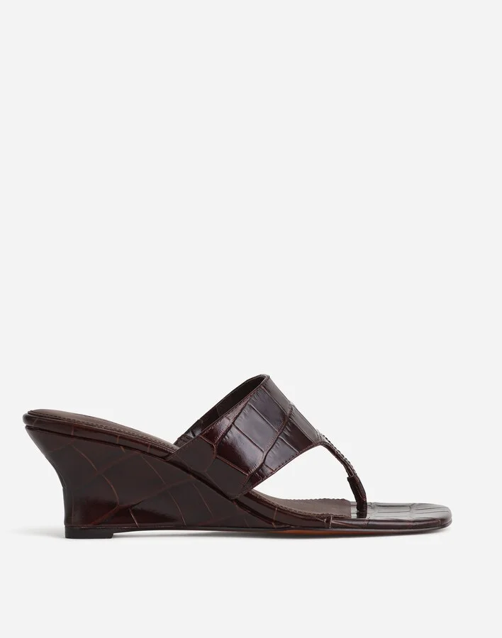 The Deanna Thong Wedge Sandal in Embossed Leather