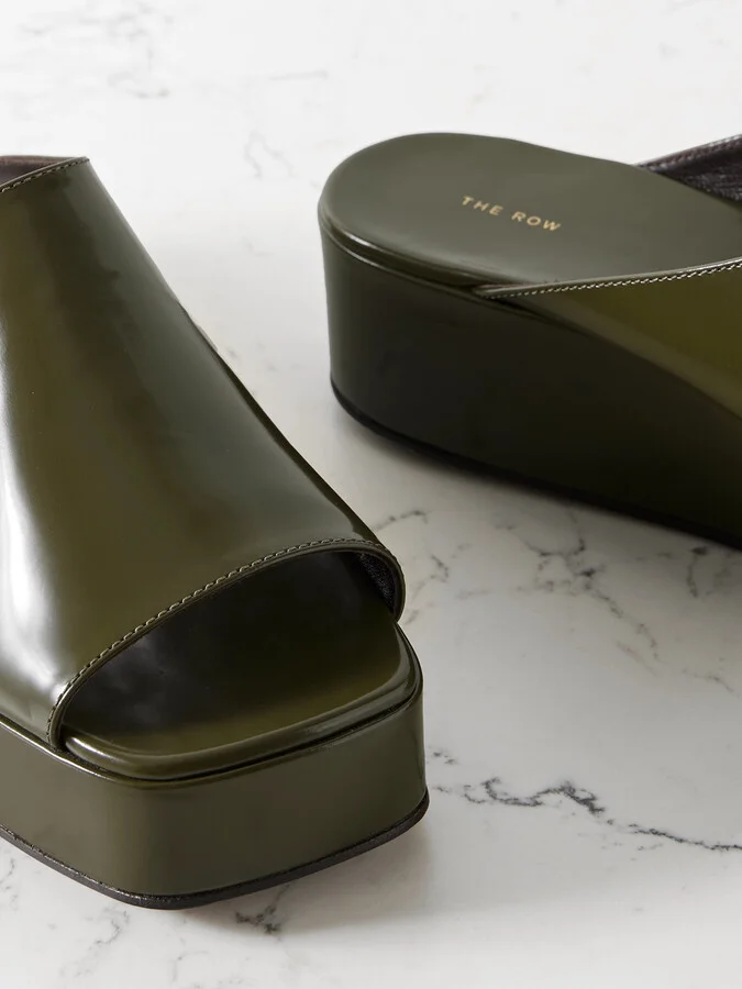 The Row - Emi Glossed-leather Platform Slides - Green - Image 4