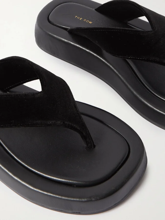 The Row - Ginza Leather And Velvet Platform Flip Flops - Black - Image 4