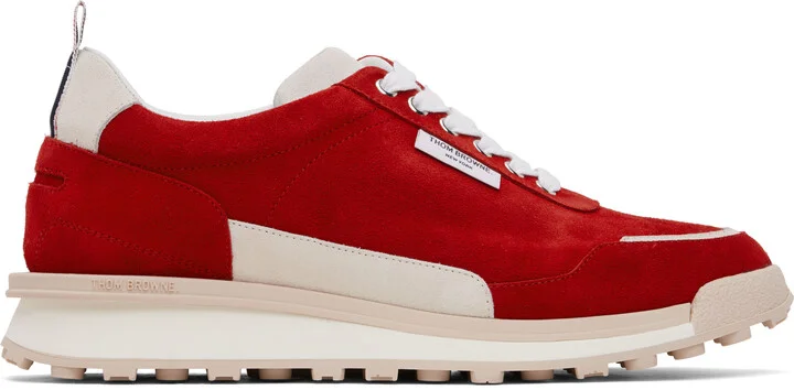 Thom Browne Red Calf Suede Alumni Sneakers