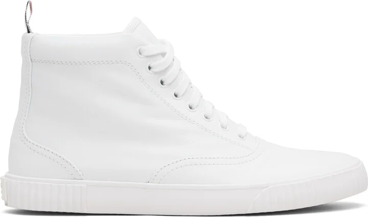 Thom Browne White Vitello Calf Leather High Top Heritage Sneakers