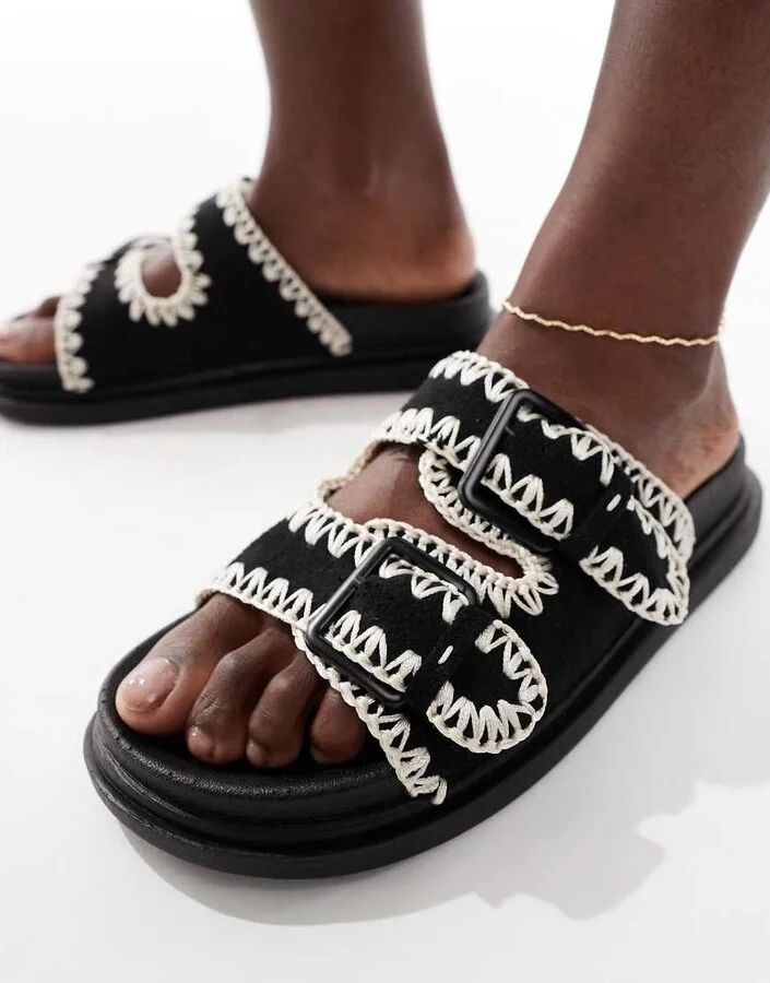 Threadbare double strap flat sandals in black - Image 3