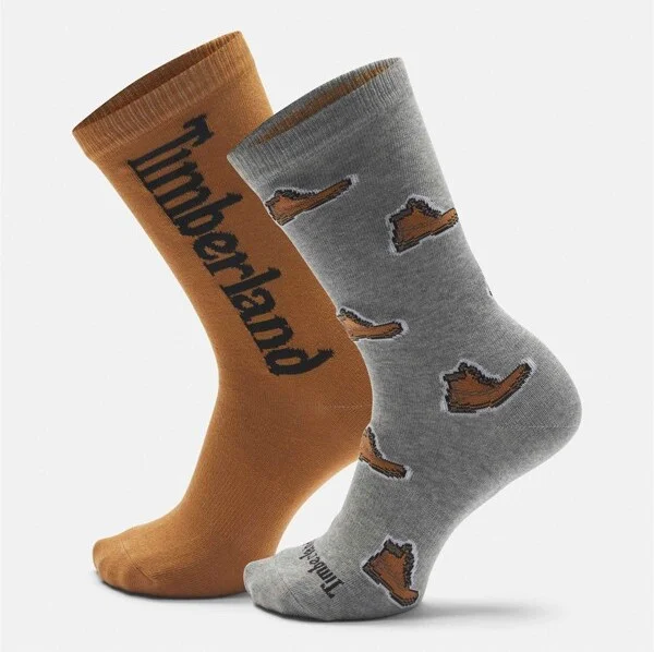 Tiberland 2-Pack Boot Print Crew Sock, Gray Heather & Wheat, Mediu
