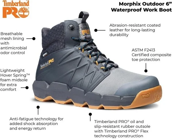 Timberland PRO Men's, Comp Toe, Morphix Outdoor, Grey/Navy, EH, WP, Hiker, Work Boots - 10.0 M