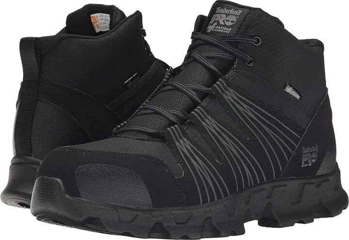 Timberland PRO Powertrain Mid Alloy Safety Toe Static Dissipative Men's Lace-up Boots Black/Grey : 12 E - Wide, Leather/Synthetic/Textile