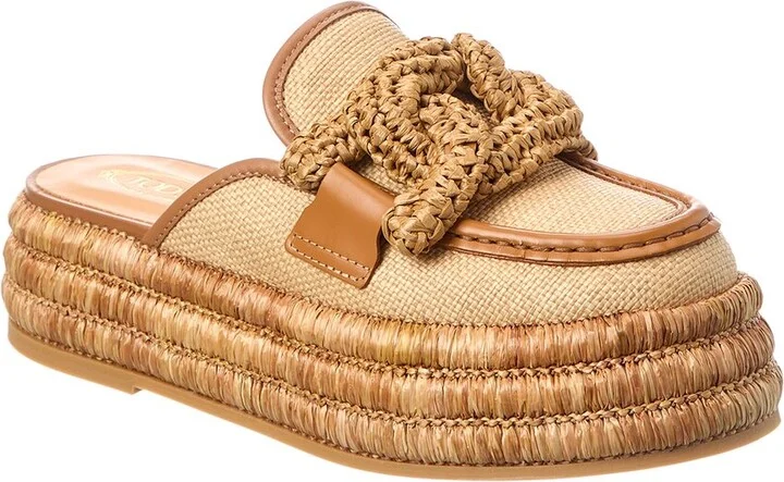 Tod’S Chain Link Detail Raffia & Leather Platform Mule