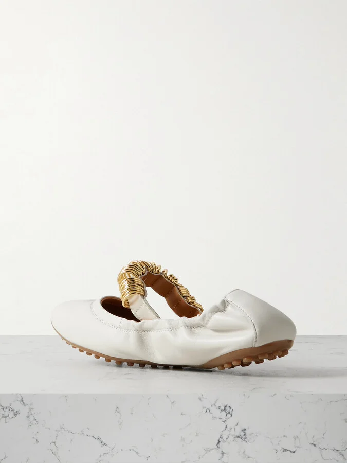 Tod's - Ballerina Embellished Leather Flats - Cream - Image 3