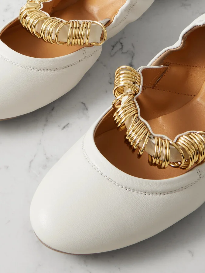 Tod's - Ballerina Embellished Leather Flats - Cream - Image 4