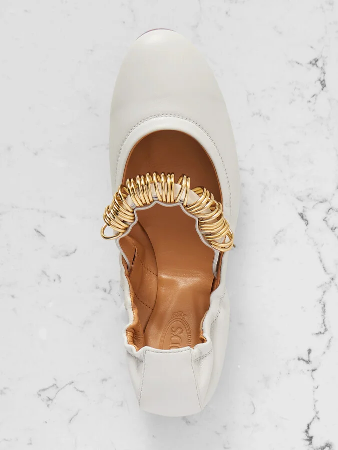 Tod's - Ballerina Embellished Leather Flats - Cream - Image 5
