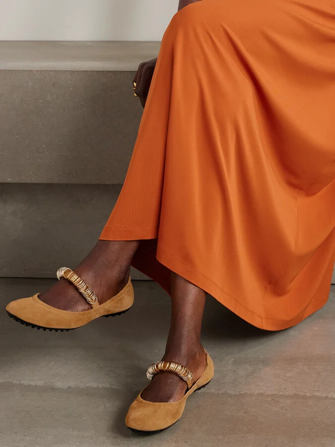 Tod's - Ballerina Embellished Leather-trimmed Suede Flats - Brown - Image 2