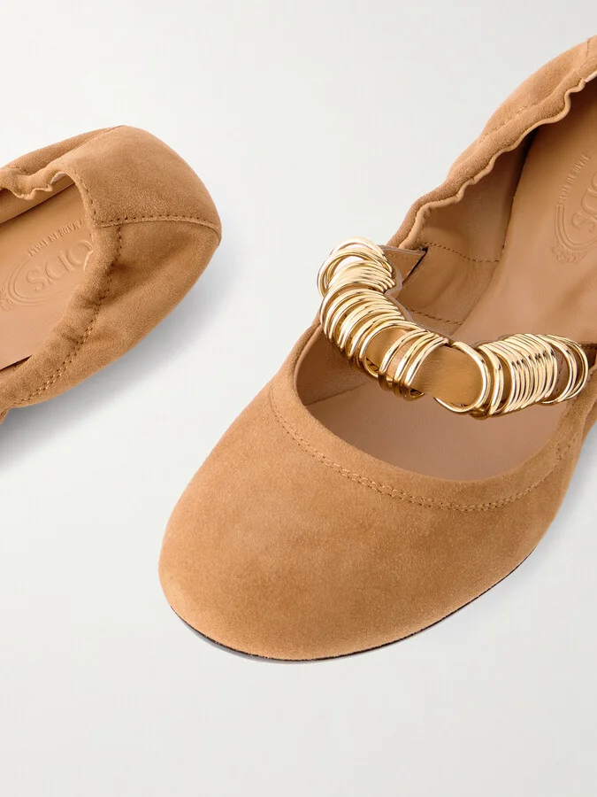 Tod's - Ballerina Embellished Leather-trimmed Suede Flats - Brown - Image 4