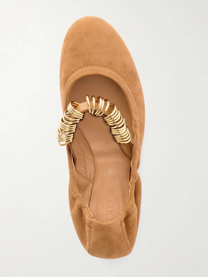 Tod's - Ballerina Embellished Leather-trimmed Suede Flats - Brown - Image 5