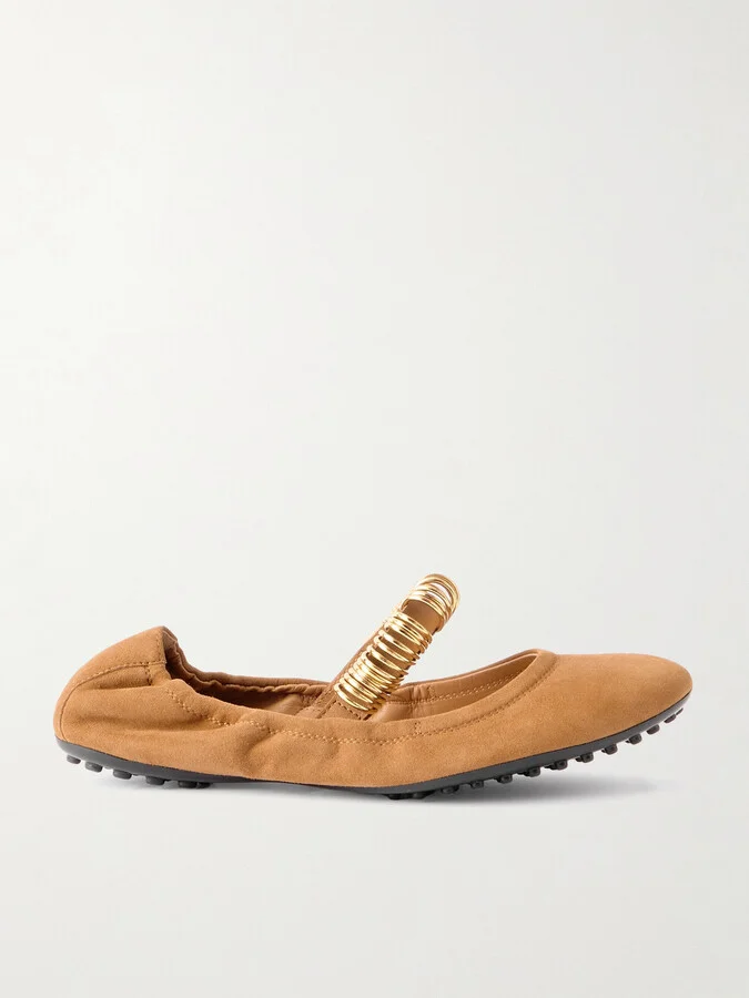 Tod's - Ballerina Embellished Leather-trimmed Suede Flats - Brown