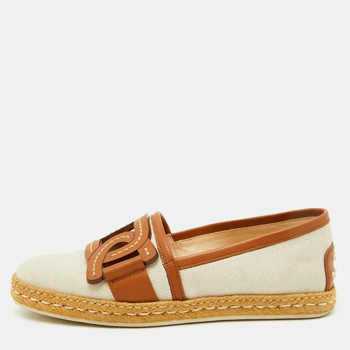 Tod's Beige/Brown Canvas and Leather Chain Detail Espadrille Flats Size 37.5