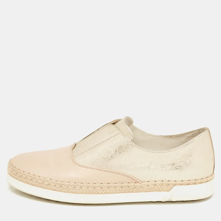 Tod's Beige/Gold Leather Espadrille Flat Size 36
