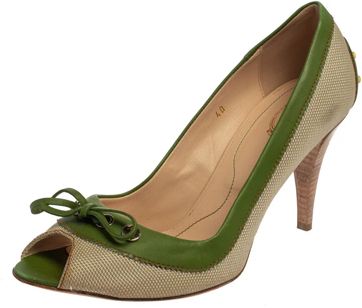 Tod's Beige/Green Canvas And Leather Peep Toe Slip On Pumps Size 40