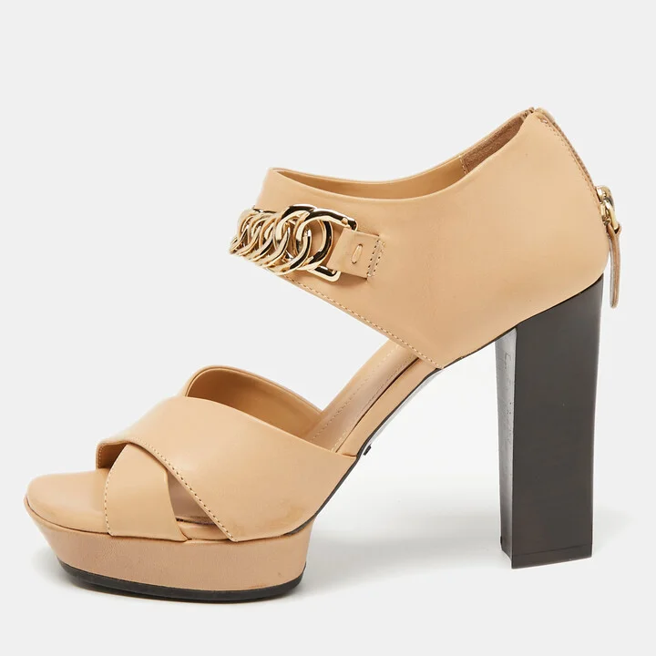 Tod's Beige Leather Criss Cross Chain Link Block Heel Sandals Size 36.5