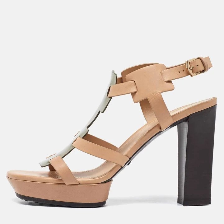 Tod's Beige/Metallic Grey Leather T-Bar Ankle Strap Platform Sandals Size 39.5