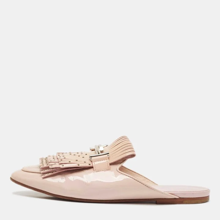 Tod's Beige Patent Studded Double T Mules Size 39