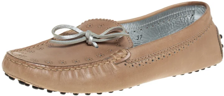 Tod's Beige Perforated Leather Bow Loafers Size 37