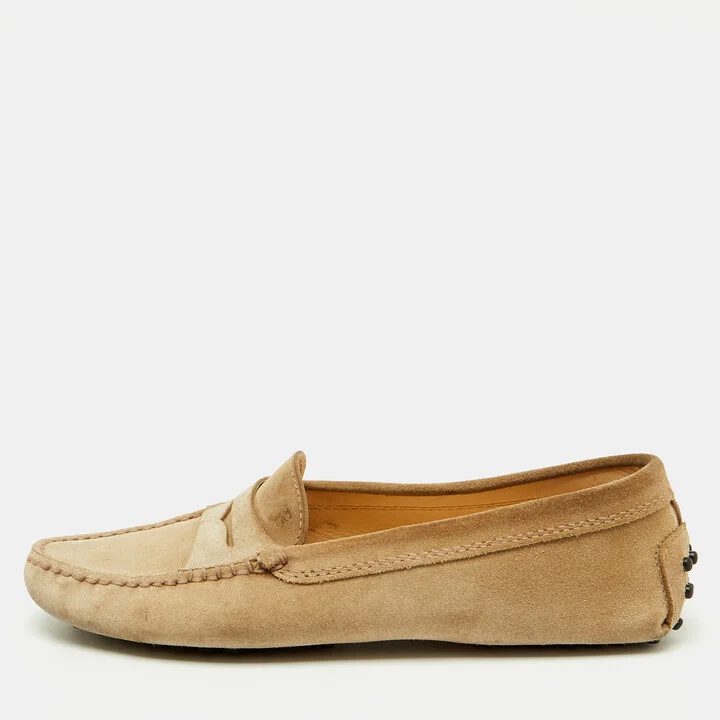 Tod's Beige Suede Gommino Slip On Driving Loafers Size 37