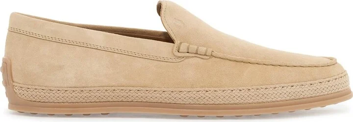 TOD'S beige woven leather slip-on loafers with rubber sole