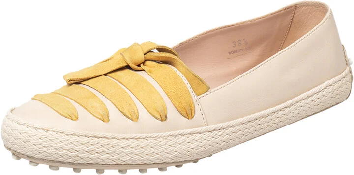 Tod's Beige/Yellow Leather And Suede Bow Espadrille Flats Size 39.5