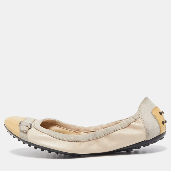 Tod's Beige/Yellow Patent Leather and Suede Cap Toe Scrunch Ballet Flats Size 38.5