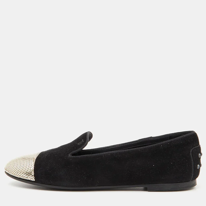 Tod's Black/Gold Suede and Sequins Embellished Slip On Smoking Slippers Size 37.5