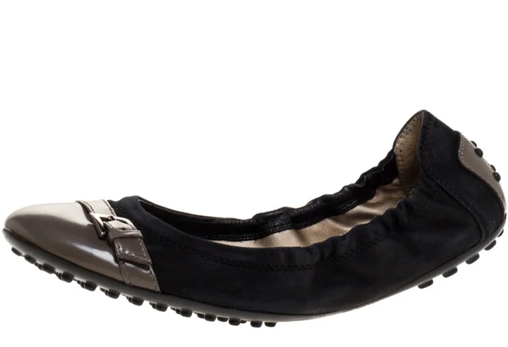 Tod's Black/Grey Leather and Suede Buckle Detail Scrunch Ballet Flats Size 36