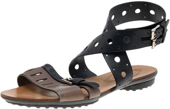 Tod's Black/Grey Leather Flat Sandals Size 36