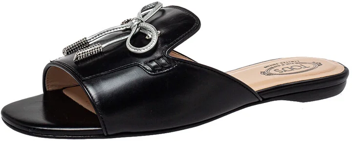 Tod's Black Leather Bow Slide Sandals Size 36.5