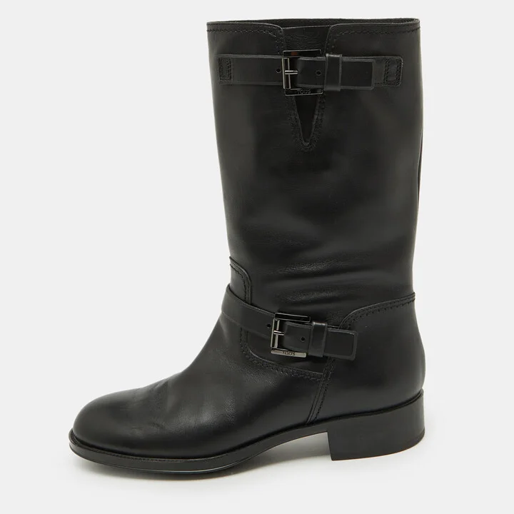 Tod's Black Leather Buckle Detail Calf Length Boots Size 39.5