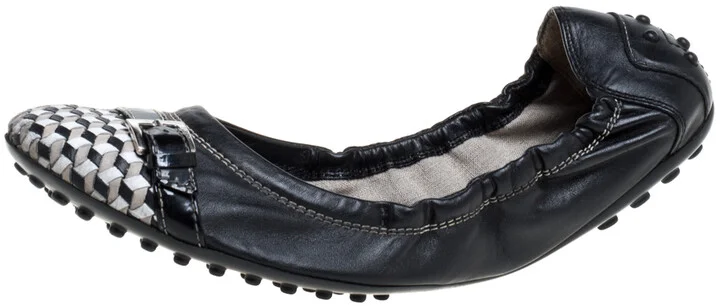 Tod's Black Leather Cap Toe Buckle Detail Scrunch Ballet Flats Size 38