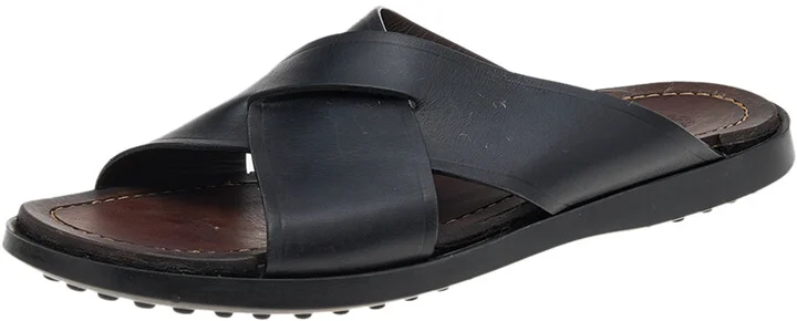 Tod's Black Leather Criss Cross Flat Slides Size 43