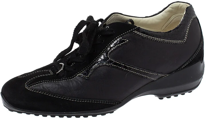 Tod's Black Leather Suede and Python Trim Lace Low Top Sneakers Size 36