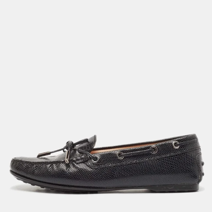 Tod's Black Lizard Embossed Leather Driver Loafers Size 37.5