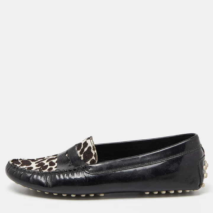 Tod's Black Patent Leather And Calf Hair Gommino Penny Loafers Size 36