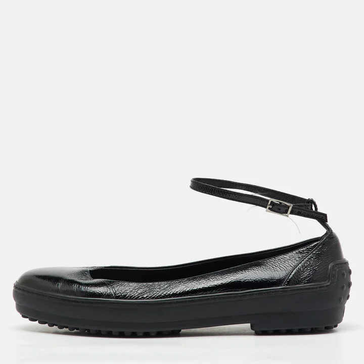 Tod's Black Patent Leather Ankle Strap Ballet Flats Size 38