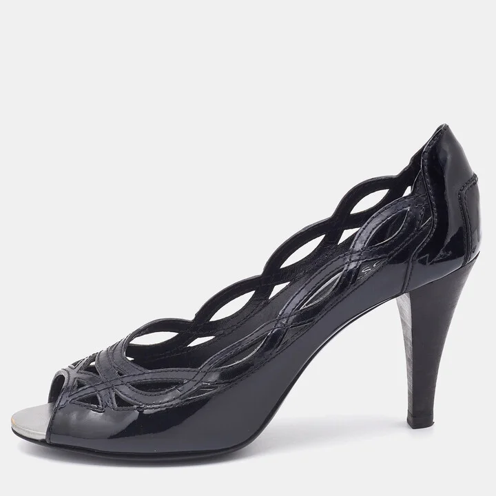 Tod's Black Patent Leather Cut-Out Peep Toe Pumps Size 38.5