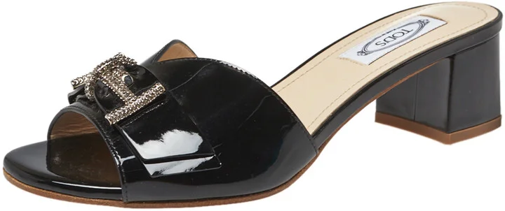 Tod's Black Patent Leather Double T Embellished Slide Sandals Size 36.5