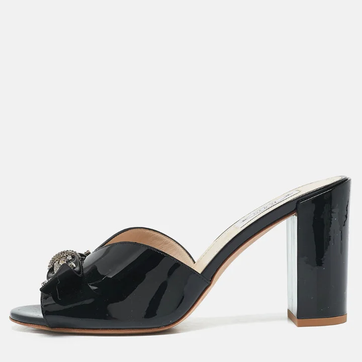 Tod's Black Patent Leather Double T Embellished Slide Sandals Size 40