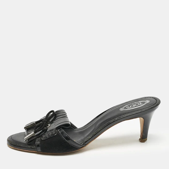 Tod's Black Patent Leather Fringe Bow Slide Sandals Size 38.5