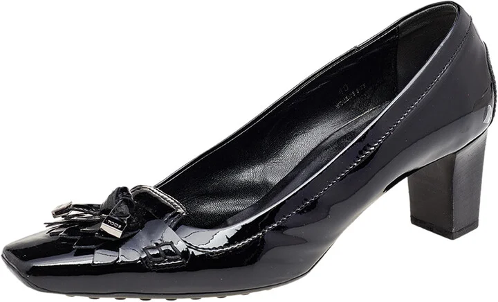 Tod's Black Patent Leather Fringe Square Toe Pumps Size 40