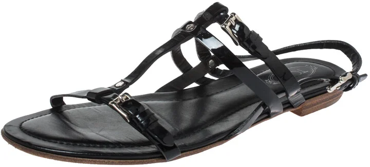Tod's Black Patent Leather Strappy Buckle Detail Flat Sandals Size 37.5
