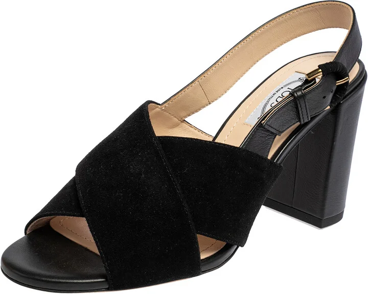 Tod's Black Suede and Leather Crisscross Block Heel Slingback Sandals Size 37.5