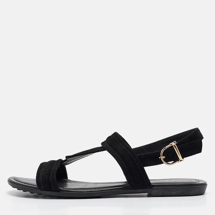 Tod's Black Suede Flat Sandals Size 38.5